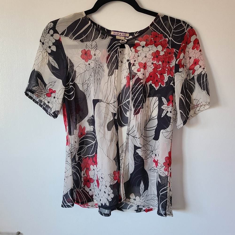 Chelsea & Violet Silk Red Black White Floral Open Front Cardigan Blouse Size S